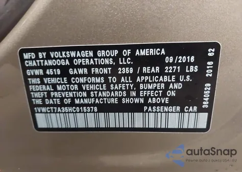 2017 Volkswagen Passat 1.8T Sel Premium from USA, damaged, VIN 1VWCT7A35HC015378